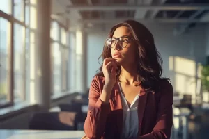 Mulher pensativa em ambiente moderno.